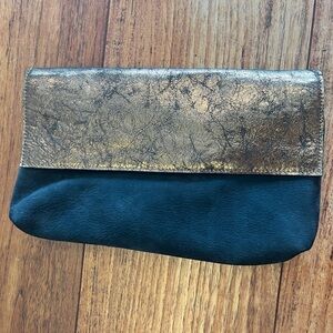 Genuine Leather Gold Metallic Detailed Clutch Wallet Purse Night Out Bag